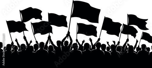 Crowd protest silhouette with waving flags and raised hands, political demonstration rally vector illustration representing activism, freedom, revolution, public movement and social protest concept