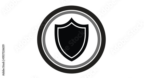 A black shield icon within a concentric circle design on a white background with a minimalist style.