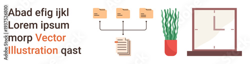 Office management, organization, productivity, work environment, task planning, and time tracking. Folder hierarchy, clock document and plant design. Office management and productivity concepts