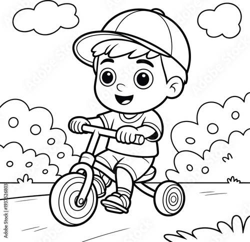 Black and white cartoon illustration of smiling child riding tricycle outdoors with bushes, pathway, clouds, and grass, perfect for coloring and educational design