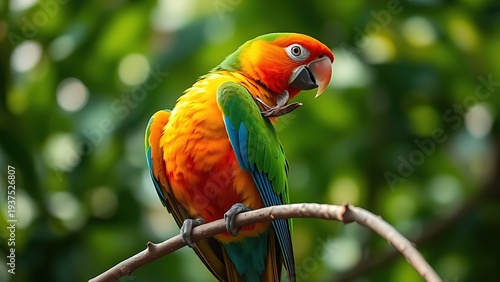 disarranged. A colorful parrot preening a feather on a branch, soft morning light. wildlife magazines, conservation campaigns, designed for eco-tourism storytelling.