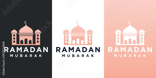 Creative Ramadan Kareem illustration with mosque dome inside arch window, crescent moon and stars. Minimalist Islamic design perfect for Ramadan greeting themes.