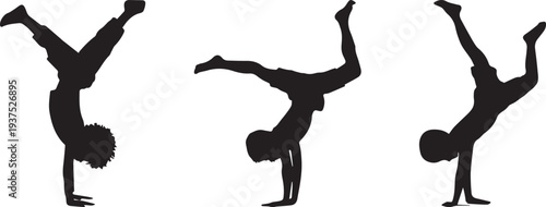 Silhouette of a child doing a cartwheel, perfect form. Set of 3 gymnastics silhouettes vector