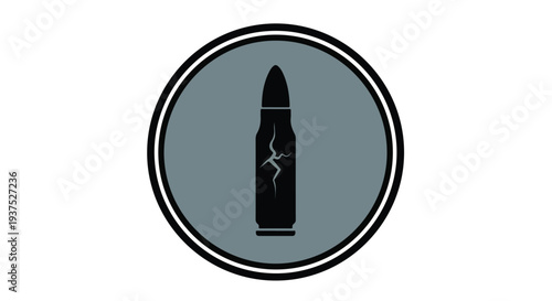 A black bullet icon with a crack, centered in a gray circle outlined in black and white on a white background.