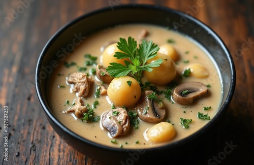 Creamy mushroom gnocchi soup with chicken chunks and parsley garnish in black bowl. Warm comfort food dish served on dark wood table. Delicious homemade meal.