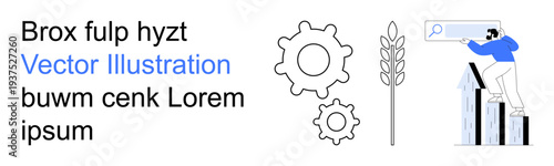 Business strategy, data analysis, productivity, teamwork, process optimization, research. Gears, bar graph search magnifier wheat stalk. Business strategy and data analysis concept