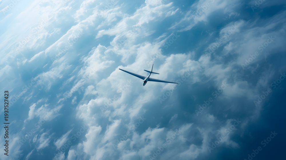 Fototapeta premium Aerial Drone View of Glider Flying Through Blue Cloudy Sky