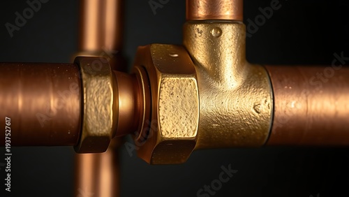 flippant. Close-up of a shiny brass joint connecting two copper pipes. safety posters, maintenance manuals, designed for industrial assembly lines and welding operations, used by engineers.