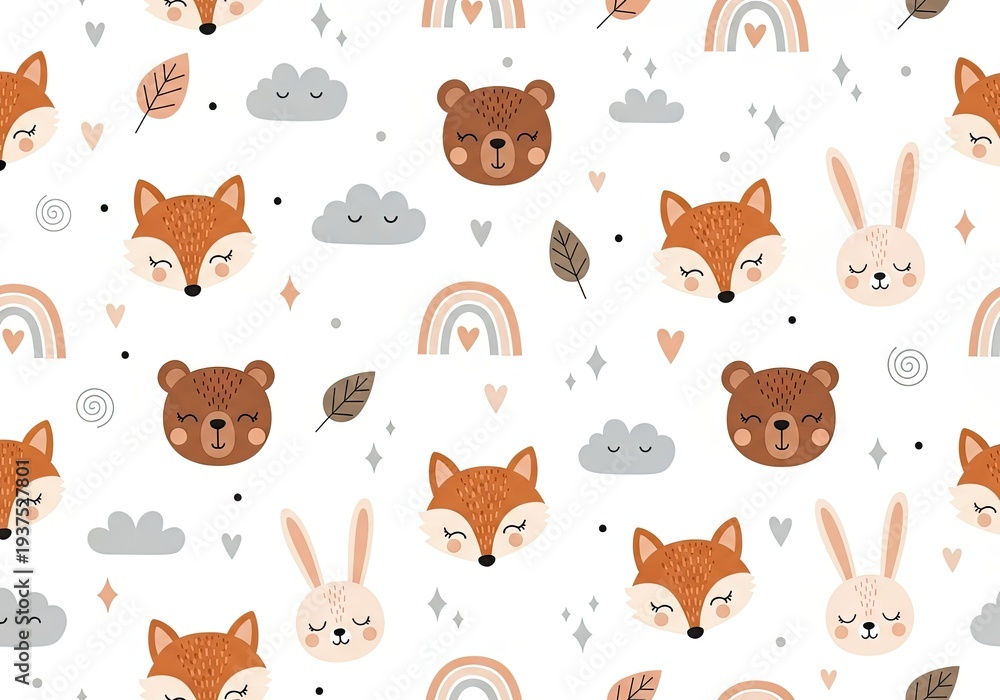 Obraz premium Repeating pattern of cute forest animal faces, clouds, rainbows and leaves on white