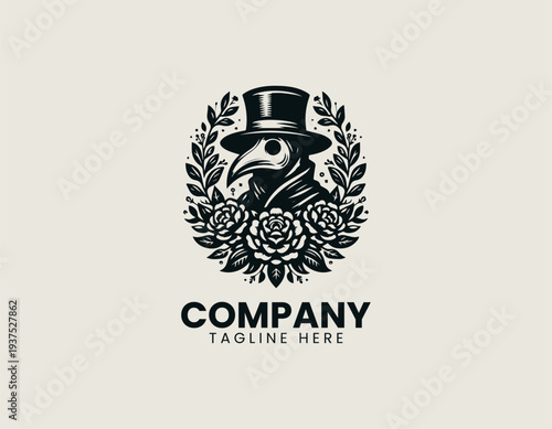 Vintage plague doctor with floral arrangement in clean modern gothic vector illustration style