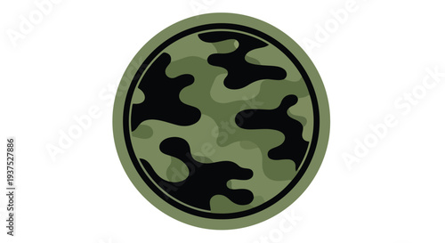 Graphic illustration of a green and black camouflage pattern on a circular patch against a white background