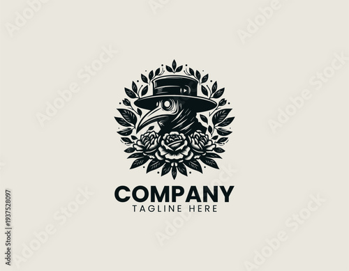 Vintage plague doctor with floral arrangement in clean modern gothic vector illustration style