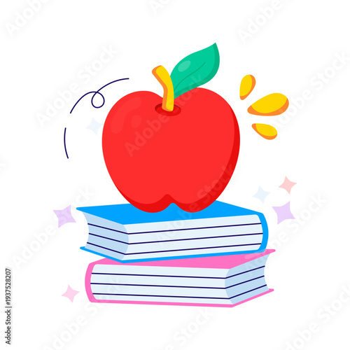 Apple fruit with close books, illustration of healthy education