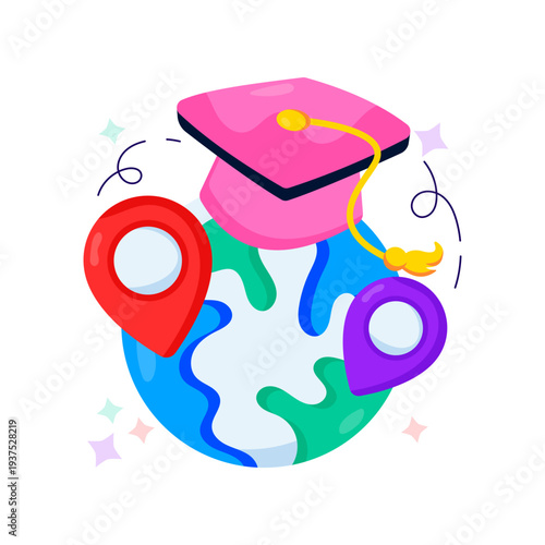 Globe with mortarboard and pin, flat design of global learning location 