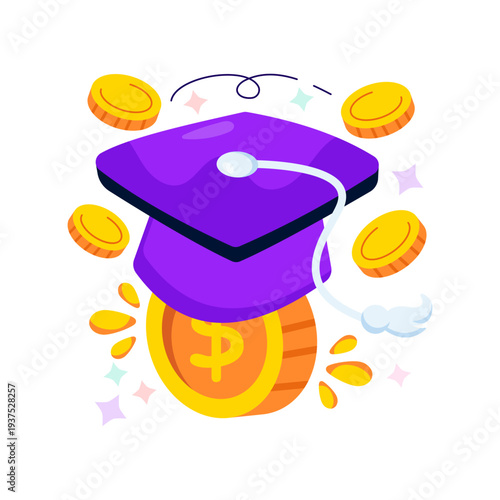 Mortarboard with dollar, flat design of educational grant
