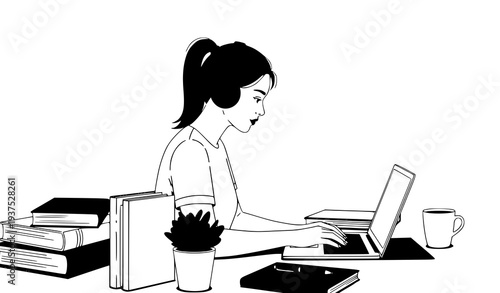 Hardworking student using laptop with headphones and organized study materials education productivity concept vector illustration