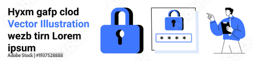 Cybersecurity, data protection, online security, privacy tools, authentication, digital locks. Blue lock icon, password field and person pointing. Cybersecurity and data protection concepts