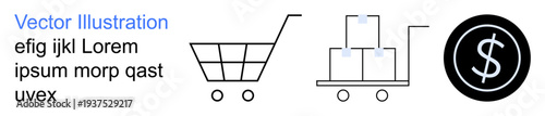E-commerce, logistics, online shopping, retail, financial transactions, merchandise. Shopping cart, boxes on a trolley and dollar symbol in a circle. E-commerce and logistics