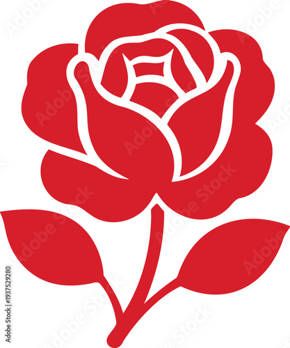 Elegant red rose with stem and leaves illustration on white background