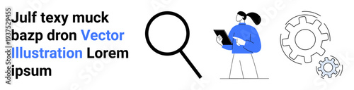 Technology insights, data analysis, business solutions, process optimization, innovation, teamwork. Magnifying glass, gears person with tablet. Technology insights and data analysis