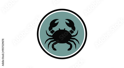 A black crab silhouette against a teal background within a circular frame on a white backdrop.