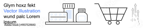 E-commerce, online shopping, pharmaceutical sales, retail healthcare, digital pharmacy, healthcare distribution. Prescription bottles and a shopping cart. E-commerce and online shopping concept