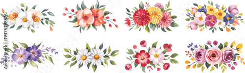 Colorful floral bouquet illustration featuring roses, daisies, and blossoms with vibrant details, perfect for decorative design, botanical themes, wedding invitations, and artistic projects