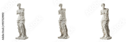 Venus de Milo classical Greek sculpture isolated on white background random angle full statue on white floor Aphrodite of Milos ancient Greek goddess statue Hellenistic marble masterpiece museum landm