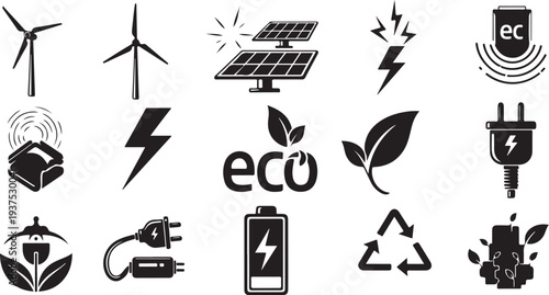 Eco friendly energy and sustainability icons on white background