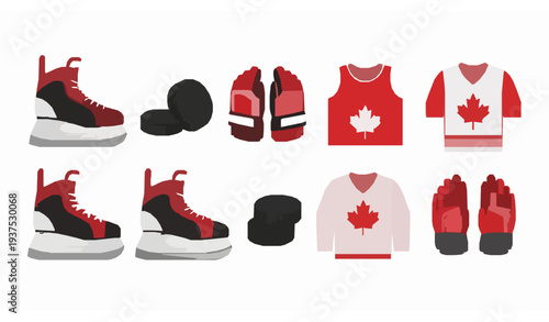 Canadian winter hockey sports equipment vector set with skates pucks and apparel isolated on white
