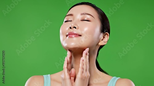 Asian woman demonstrating self-care skincare routine on green screen background for beauty