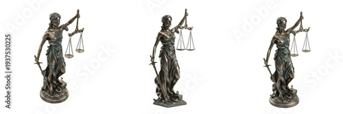 Lady Justice statue isolated on white background random angle full sculpture on white floor Justicia blindfold scale sword Roman law symbol courthouse landmark
