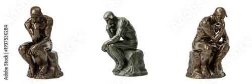The Thinker bronze cast statue isolated on white background random angle full sculpture on white floor Rodin Le Penseur bronze sculpture France Paris museum monumental contemplation art landmark