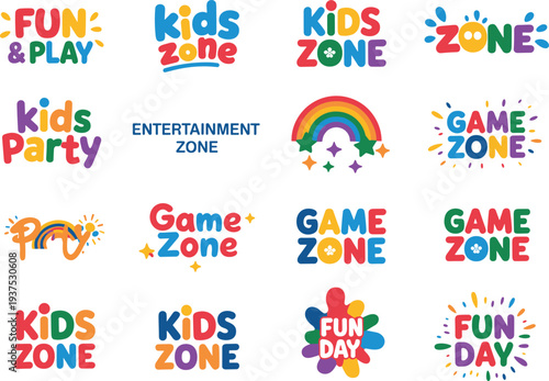 Colorful kids entertainment zone logos with playful fonts, stars, sparkles, rainbow elements, fun party designs, vibrant text graphics for children’s activities, events, and promotional materials