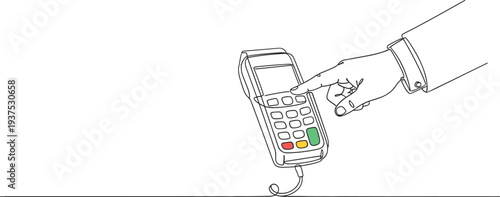 Minimalist one line drawing of a hand entering a pin code on a credit card terminal