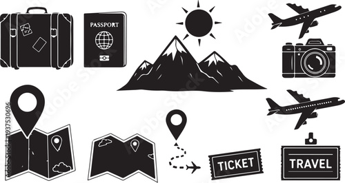 Travel icons and symbols for adventure and exploration purposes