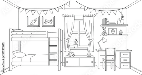 Line art drawing of a children's bedroom interior with bunk bed, study desk, and window curtains