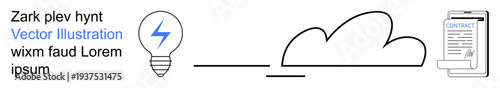 Innovation, cloud connectivity, data sharing, digital transformation, technology solutions, documentation. Lightbulb, cloud and document connected with a line. Innovation and cloud connectivity