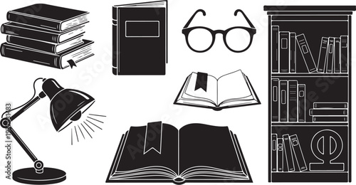 Black and white illustration of education and study tools