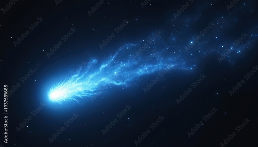 Fototapeta premium Bright blue glowing comet with long tail flies through dark starry space. Cosmic object moves fast across universe creating beautiful nebulae cloud formation.