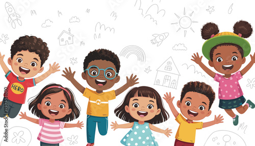 Colorful cartoon illustration of diverse happy children jumping with playful doodles of rainbow, sun, rockets, and houses, symbolizing joy, creativity, childhood fun, and imagination