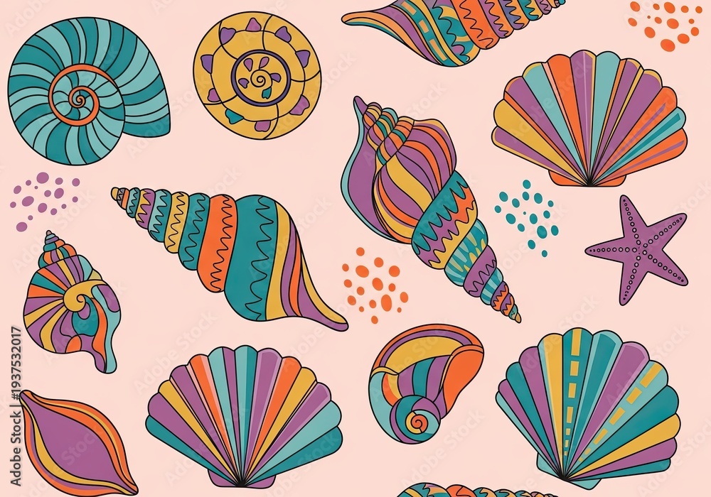 Fototapeta premium Colorful decorative seashells and starfish pattern on a light pink background