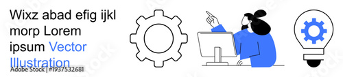 Business strategy, technology, teamwork, innovation, creativity, data analysis. Gear icon, woman pointing at a computer screen light bulb with gear. Business strategy and innovation ion