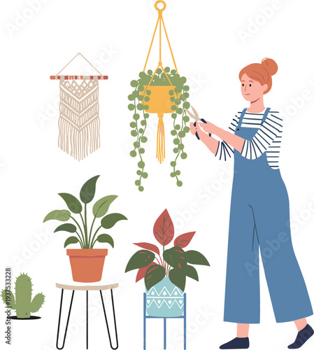 Flat vector illustration of a woman pruning a hanging houseplant in a modern bohemian style interior