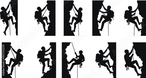 Rock climber silhouettes including mountaineering, rappelling, bouldering, extreme sports, outdoor adventure, hiking man, climbing athlete icons, vector illustration, mountain elements.