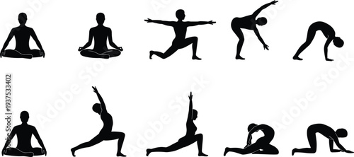Collection of Black Yoga Poses Silhouettes on White Background exercise fitness