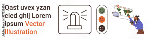 Emergency alerts, decision-making, global analysis, data interpretation, visual feedback, user interface. ion of alert icon and person with world map screen. Emergency alerts, global analysis concept