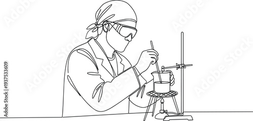 Continuous one line drawing of a scientist in a lab coat performing a chemistry research experiment,Continuous one line drawing of a scientist in a lab coat performing a chemistry research experiment,