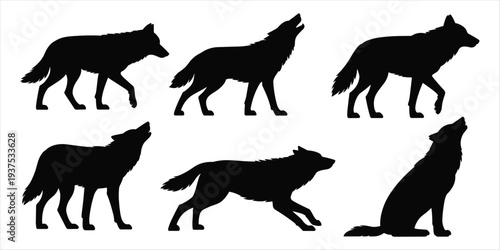 Collection of Wolf Silhouettes in Different Poses and Actions animal wild