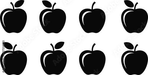 Eight Black Apple Silhouettes With Leaves On White Background apples fruit